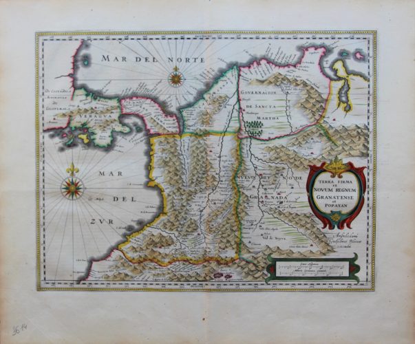 Old original and colored map of Panama, Columbia and Venezuela by Blaeu