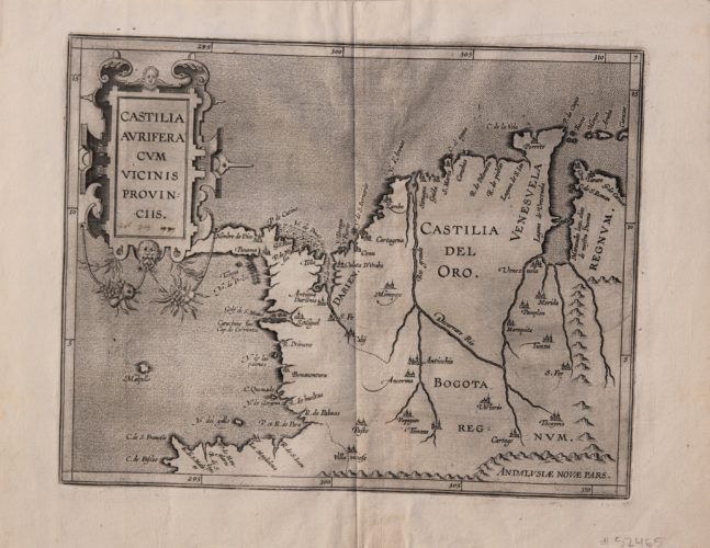 Old black and white map of Panama, Columbia and Venezuela by Wytfliet, 1597