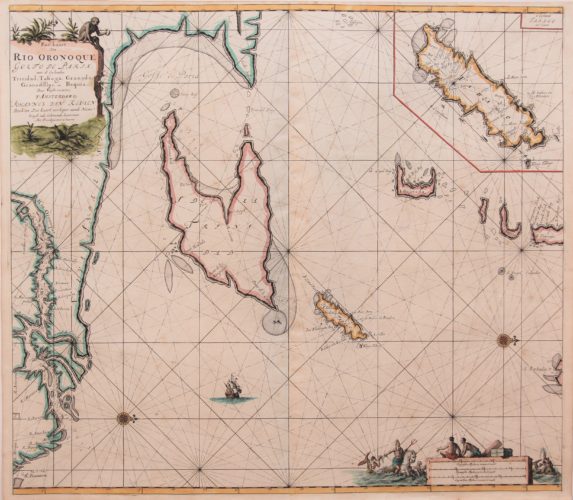 Old colored 17th century map of Orinoco, Trinidad and Tobago by van Keulen