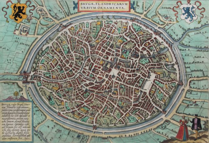 Old 17th century map of Brugge, Bruges by Braun and Hogenberg