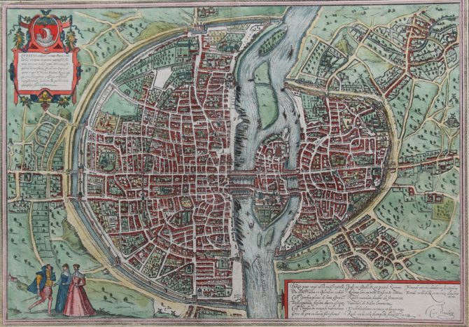 Old map of Paris by Braun and Hogenberg. Only French edition from 1579