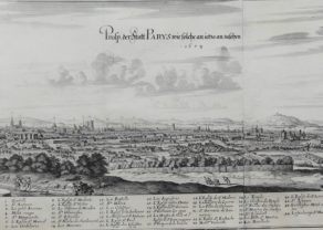 Superb view of Paris from the South in 1654 by Merian