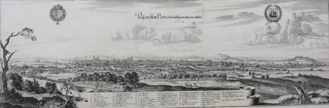 Superb view of Paris from the South in 1654 by Merian