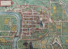 Old 16th century map of Trento (Italy) by Braun and Hogenberg