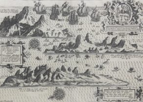 Original view of Ascension by van Linschoten, published in his Itinerario in 1596