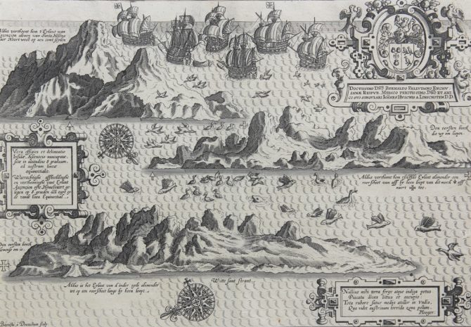 Original view of Ascension by van Linschoten, published in his Itinerario in 1596