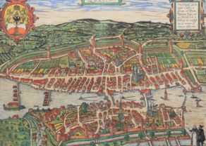 Original 16th century view and town plan of Zurich by Braun Hogenberg