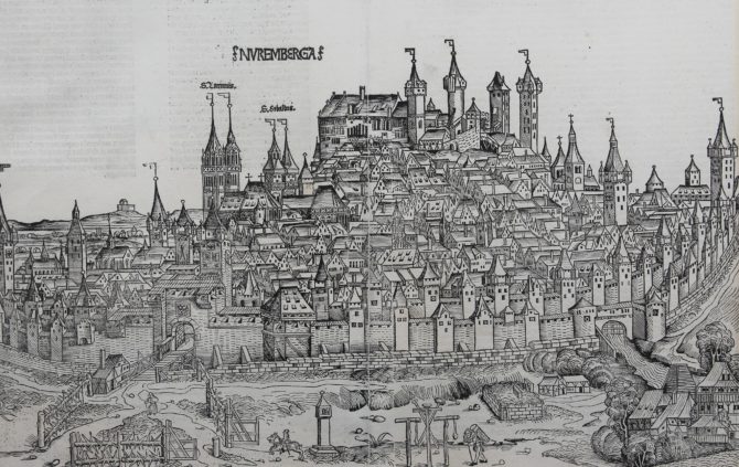 Old view of Nuremberg by Hartmann Schedel, 1493