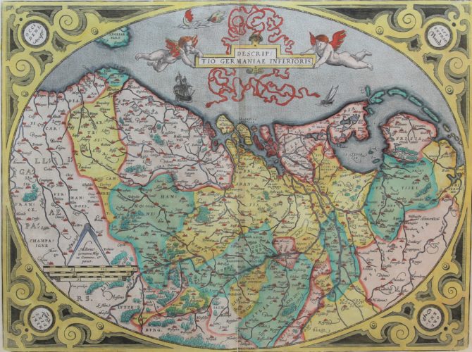 Old egg-map of Germania Inferior, or XVII Provinces by Ortelius, 1570/1592