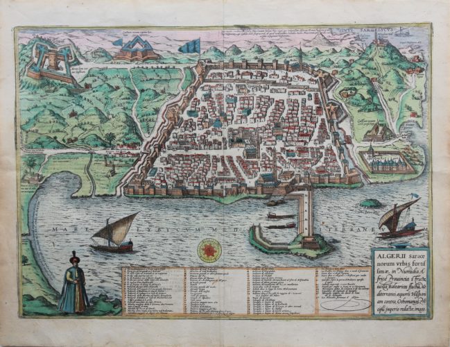 Old map of the city of Algiers in Algeria by Braun Hogenberg, 1575-1612