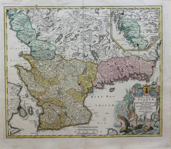 Old map of Southern Sweden by Homann, ca. 1710