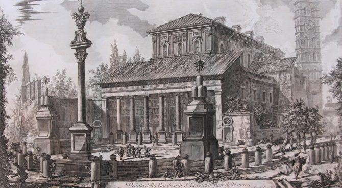Old view of S. Lorenzo basilica (Rome) by Piranesi, 1749