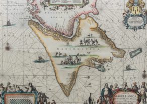 Old map of the Strait f Magellan (with animals) by Janssonius, 1644 or after