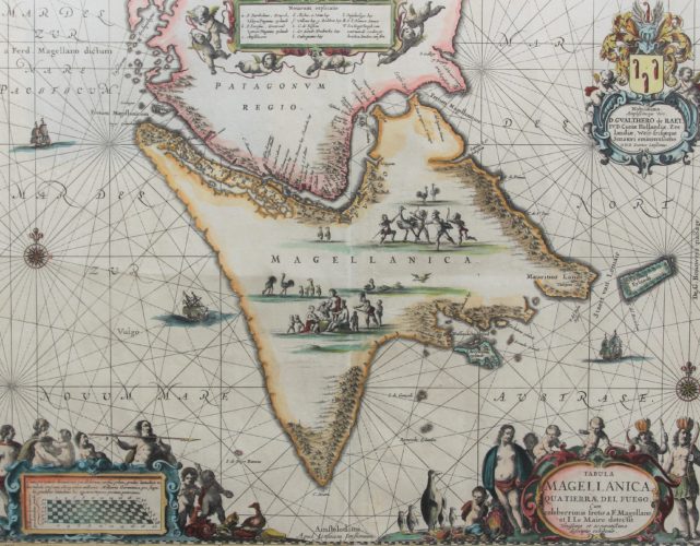 Old map of the Strait f Magellan (with animals) by Janssonius, 1644 or after