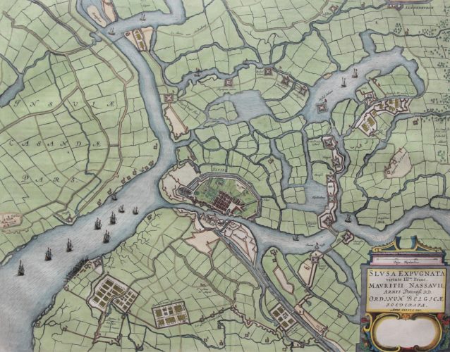 Superb old war map of the siege of Sluis (1604), published by Joan Blaeu in 1649/1652