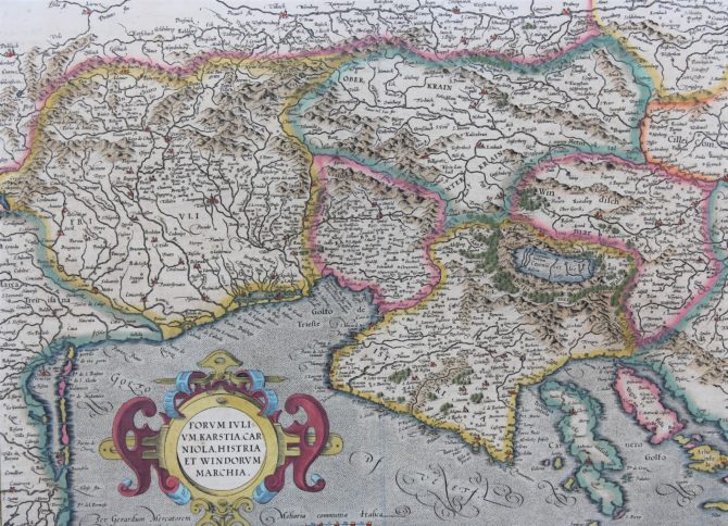 Superb old map of Friuli, Krain and Istria by Mercator (1589), published by J. Hondius IIIstr