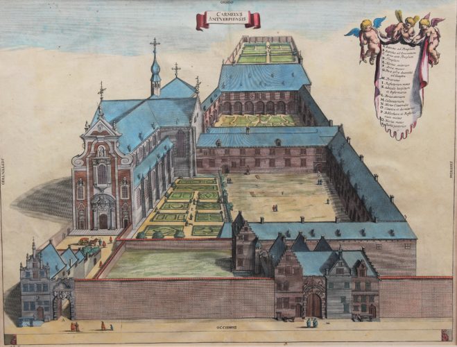 Old view of the Carmelite convent in Antwerpen by Blockhuyzen, 1726