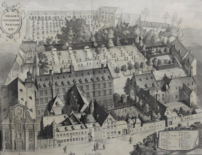 Old view of the Jesuit college in Mechelen by Sanderus /Blockhuyzen 1726