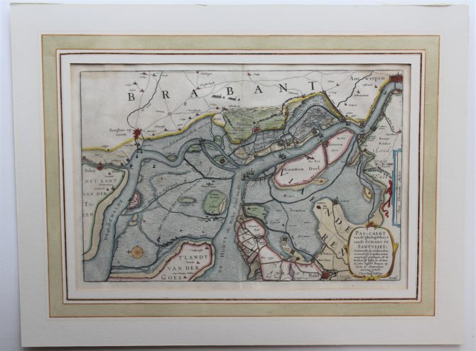 Old map of the river Scheldt by Janssonius/Visscher with forts, 1630