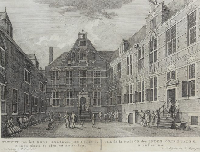 Old view of the courtyard of the headquarters of the Dutch East India Company in Amsterdam by Fouquet jr., 1783/1805