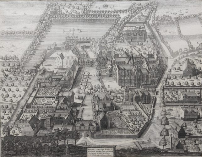 View of Benedictine convent of Vorst (near Brussels) by Sanderus, 1659
