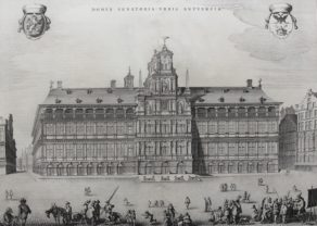 Superb old view etching of the twon hall of Antwerp by Blaeu, published in 1649 in his Town Atlas