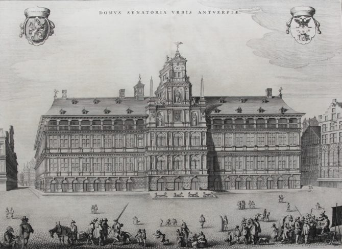 Superb old view etching of the twon hall of Antwerp by Blaeu, published in 1649 in his Town Atlas