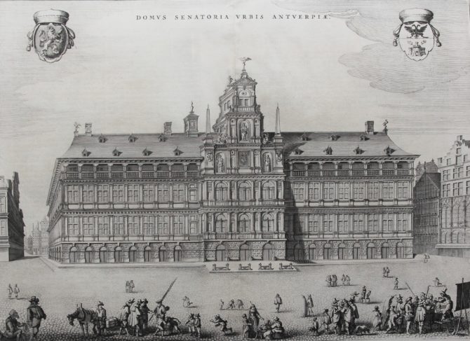 Superb old view etching of the twon hall of Antwerp by Blaeu, published in 1649 in his Town Atlas