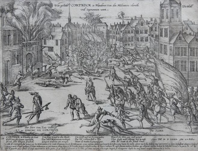 Old Geschichtsblatt of the uprising of the Malcontents in Kortrijk by Hogenberg