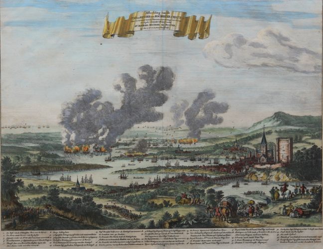 Old colored view of the raid on Chatham by Stoopendaal