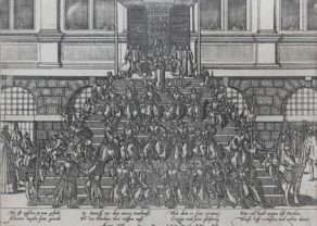 Old view of the General Pardon by Alva on the stairs of the Antwerp Town Hall by Hogenberg