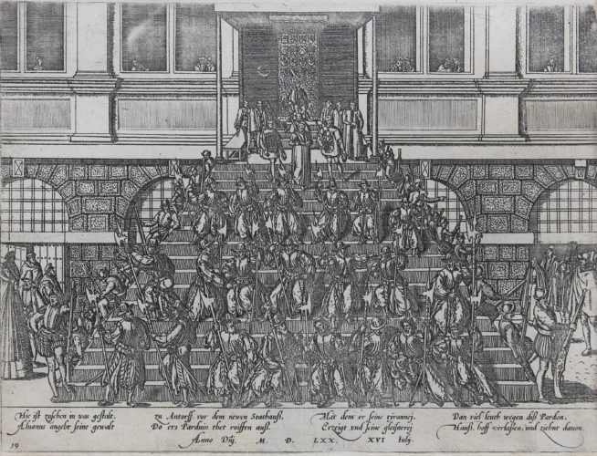 Old view of the General Pardon by Alva on the stairs of the Antwerp Town Hall by Hogenberg