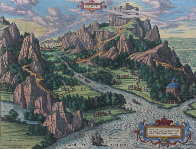 Old map of Tempe with Mount Olympus (Greece) by Ortelius