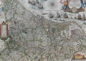 Superb old map of the XVII Provinces with many ships by Willem Blaeu