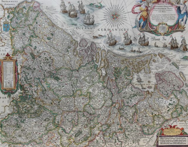 Superb old map of the XVII Provinces with many ships by Willem Blaeu
