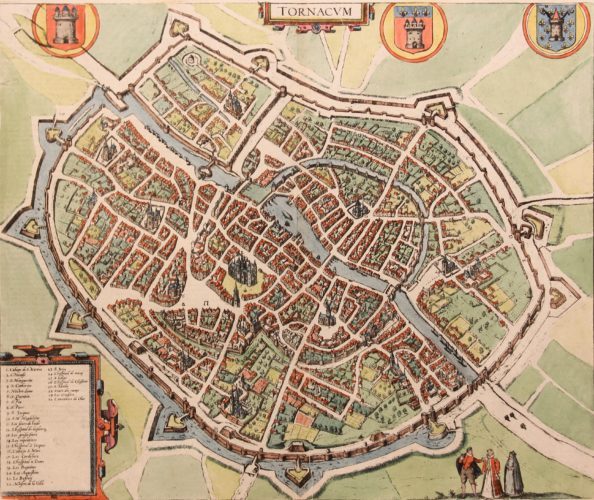 Old map of Tournai by Braun Hogenberg, 1588